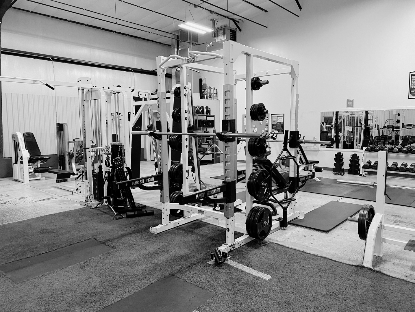Background image of a squat rack in black and white