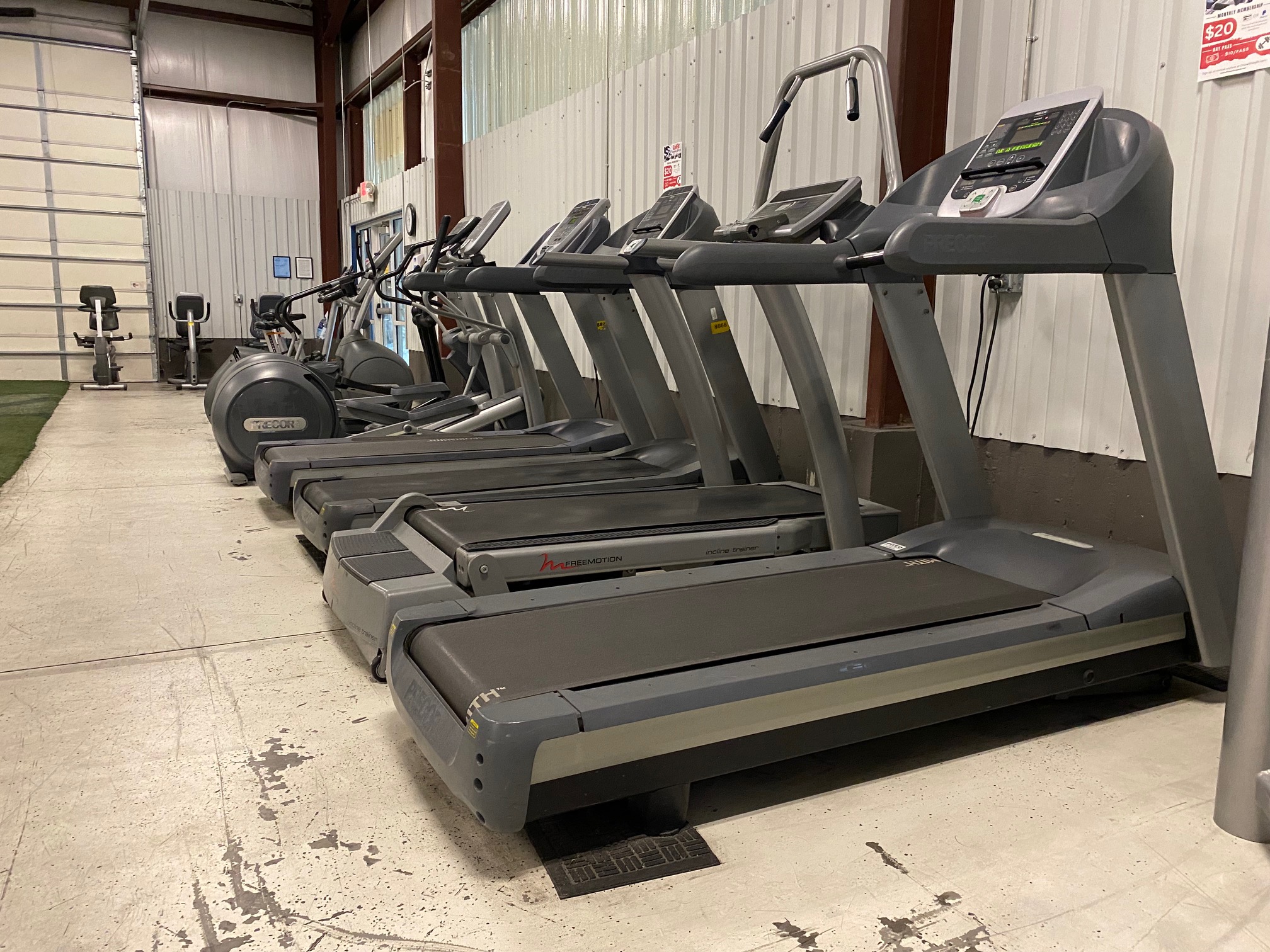 Row of treadmills and ellipticals.
